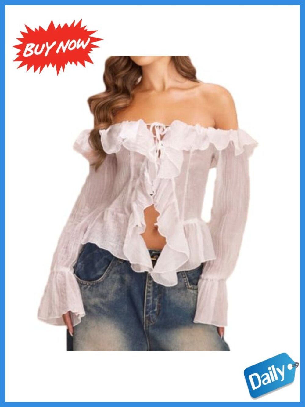 Women Off Shoulder Ruffle Trim Crop Blouse Bell Sleeve Bow Tie Chiffon Top